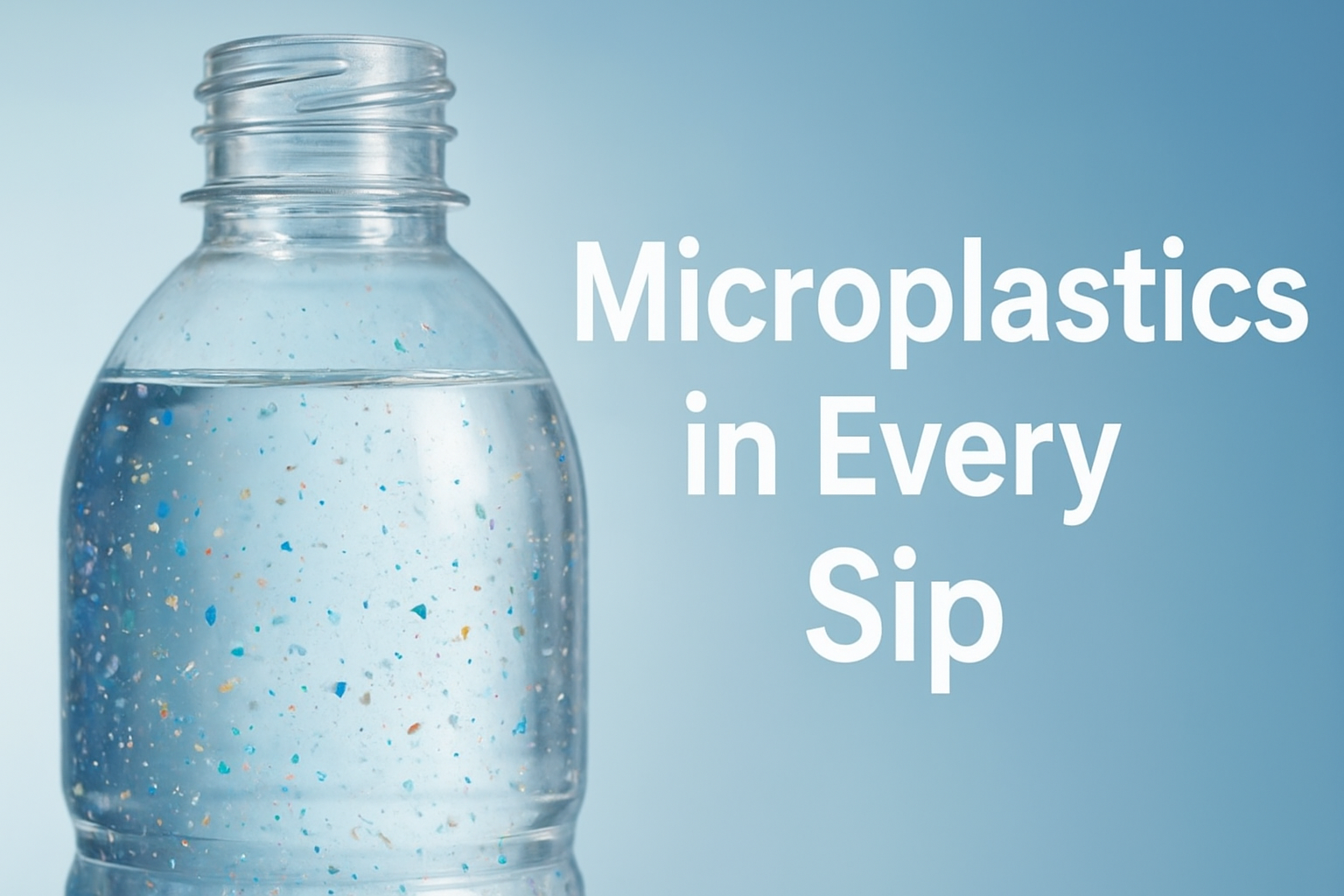 “Close-up of floating microplastic particles in clear water bottle under sunlight.”