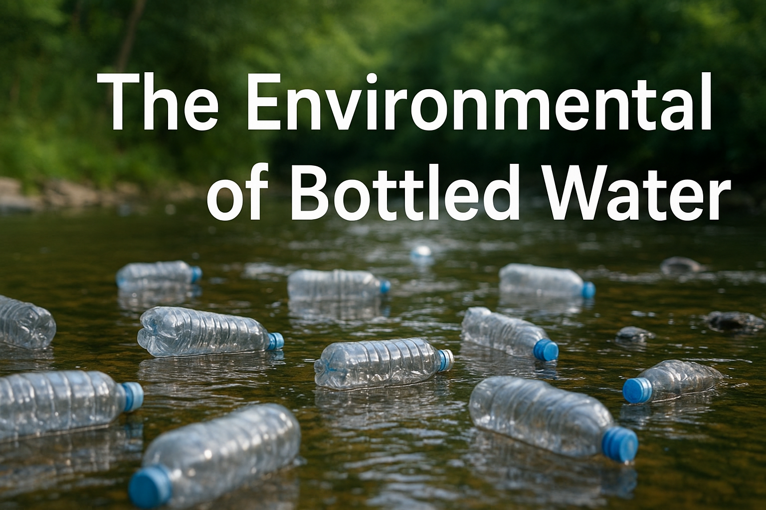 “Plastic water bottles floating in a polluted river, symbolizing the environmental impact of bottled water waste.”