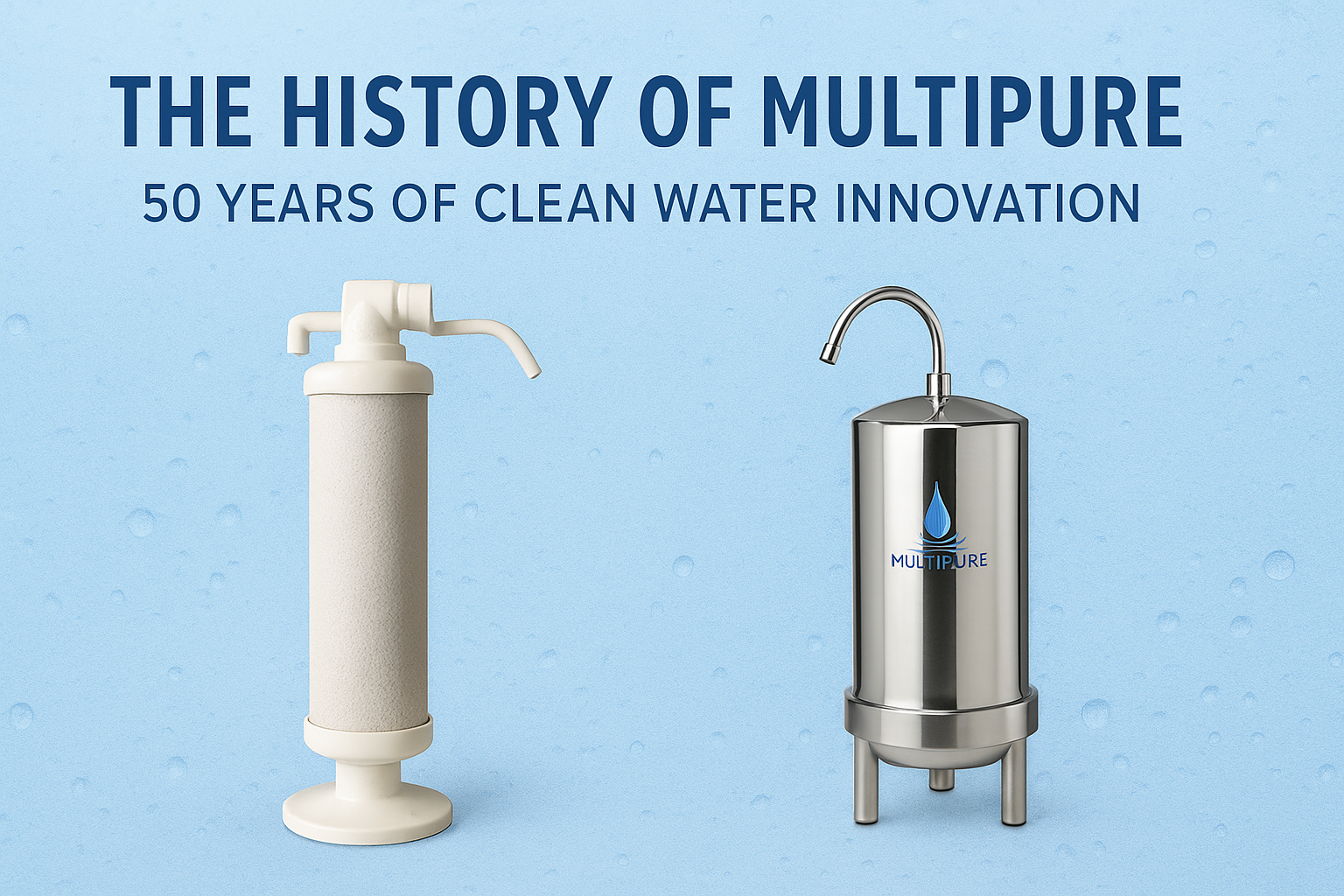 “Vintage and modern Multipure water filtration systems side-by-side, symbolizing the company’s evolution and innovation over 50 years.”