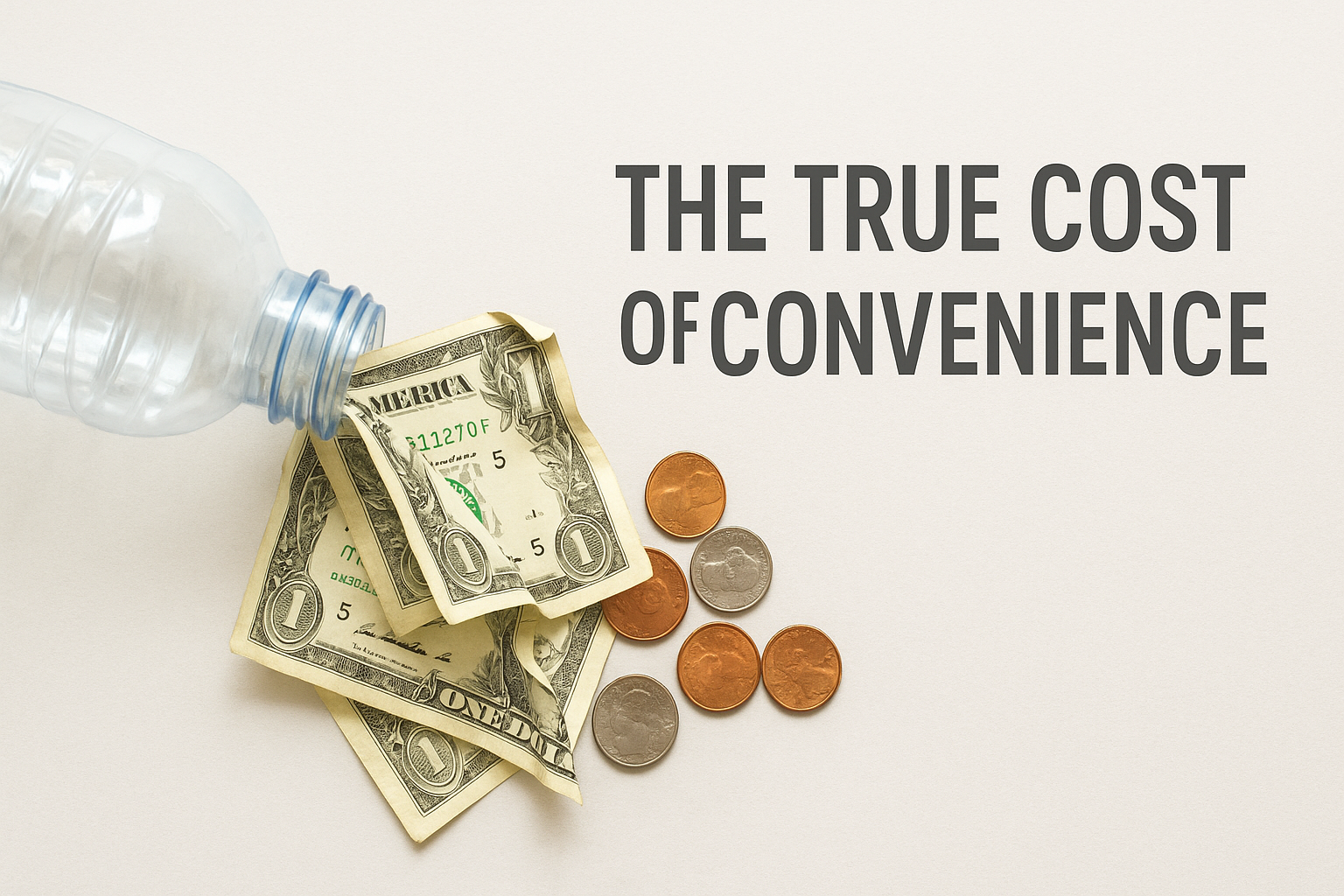 “Crumpled dollar bills spilling out of an open plastic water bottle, symbolizing the hidden financial cost of bottled water.”